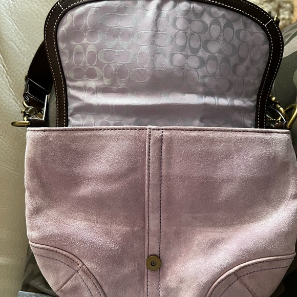 Coach suede light purple bag with brown strap and front buckle. Never worn! - Picture 3 of 4